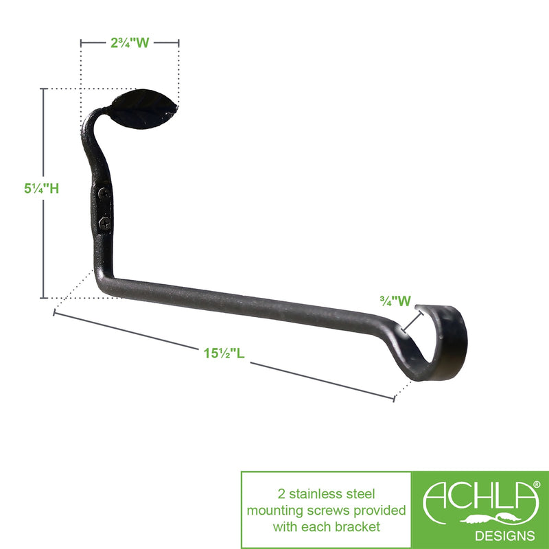 ACHLA Straight Leaf Wall Bracket 2-Pack | Black Powdercoat Wrought Iron | Entryway & Patio Hook | 15.5 x 2.75 x 5 in | Model B-102-2