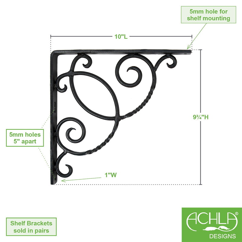 ACHLA Scroll Shelf Bracket Pair | Traditional Wrought Iron Black Powder Coat | Kitchen & Living Room Wall Shelf Support | Model B-21