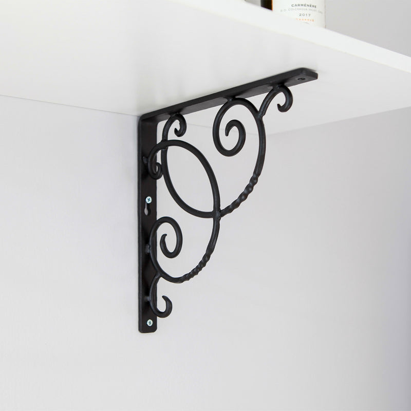 ACHLA Scroll Shelf Bracket Pair | Traditional Wrought Iron Black Powder Coat | Kitchen & Living Room Wall Shelf Support | Model B-21
