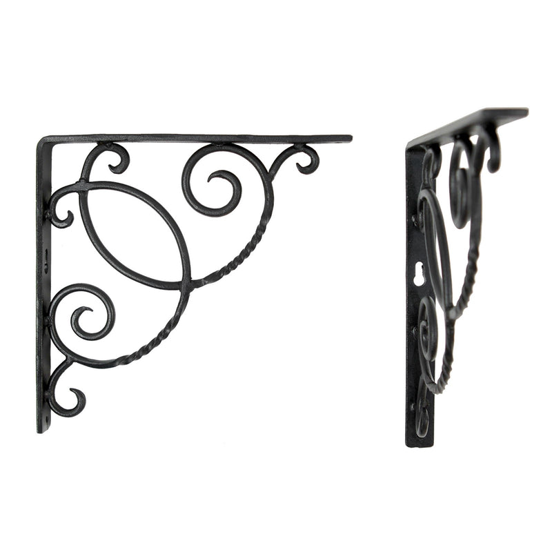 ACHLA Scroll Shelf Bracket Pair | Traditional Wrought Iron Black Powder Coat | Kitchen & Living Room Wall Shelf Support | Model B-21