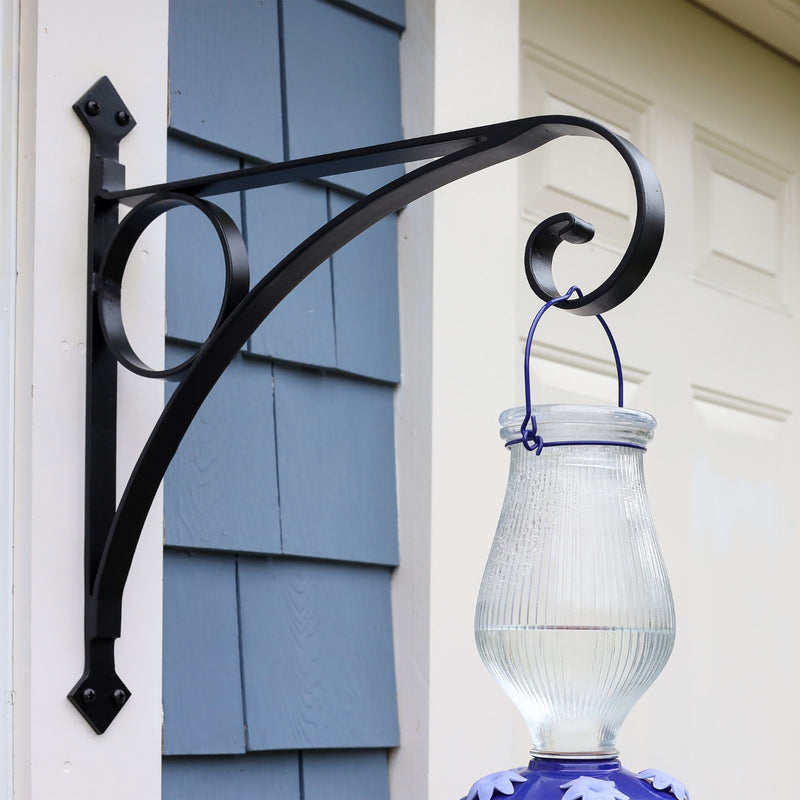 ACHLA Corona Bracket Small | Black Wrought Iron Heavy Duty | Outdoor Hanging Basket Support | 17.5 x 2 x 17 in | Model B-44