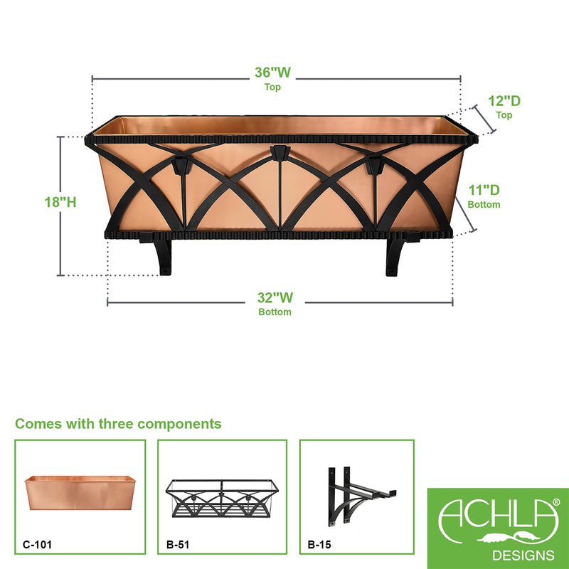ACHLA Rookwood Window Box 36in | Craftsman Copper and Wrought Iron | Outdoor Window Planter & Curb Appeal | 36 x 12 x 11 in | Model B-51