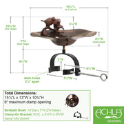 ACHLA Birds Birdbath with Over Railing Bracket | Antique Patina Brass and Aluminum with Black Wrought Iron | Deck, Porch & Balcony | Model BB-02AB-OR2