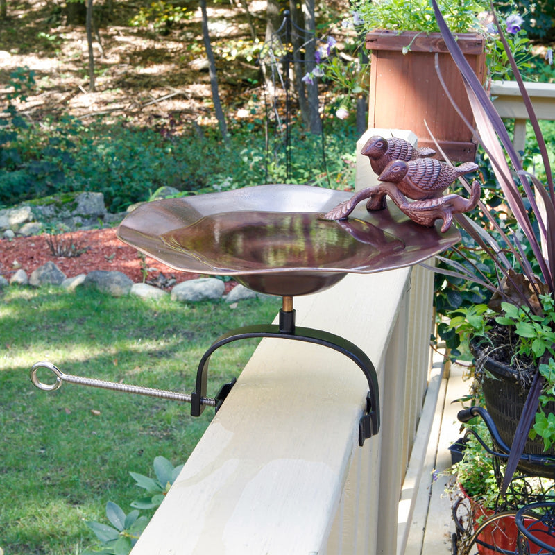 ACHLA Birds Birdbath with Over Railing Bracket | Antique Patina Brass and Aluminum with Black Wrought Iron | Deck, Porch & Balcony | Model BB-02AB-OR2