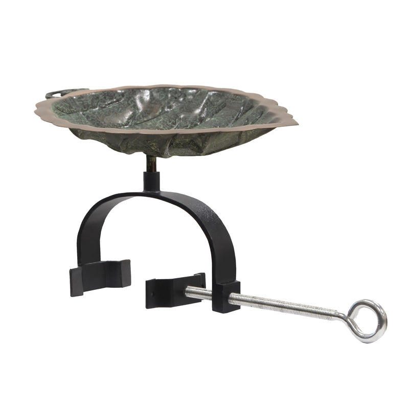 ACHLA Aspen Leaf Birdbath Over Rail Bracket | Antique Brass and Black Wrought Iron | Deck, Porch & Balcony Bird Bath | 15 x 8 x 7 in | Model BB-04-OR2