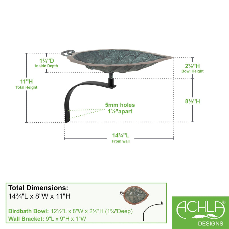 ACHLA Aspen Leaf Birdbath Wall Mount Bracket | Antique Brass Plated Brass and Black Wrought Iron | Small Garden & Urban Landscape | Model BB-04-WM