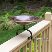 ACHLA Classic II Birdbath Over Rail Bracket | Antique Copper Brass Bowl on Black Wrought Iron | Deck, Porch & Balcony Bird Bath | Model BB-05-OR2