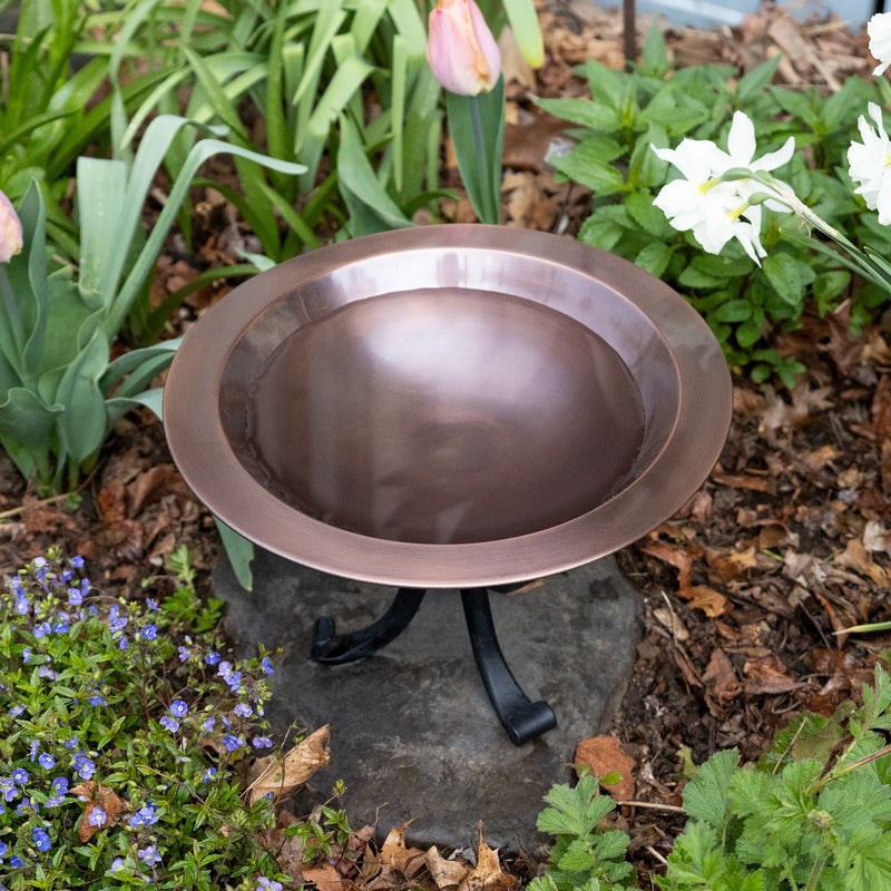 ACHLA Classic II Birdbath with Tripod Stand | Antique Copper Brass Bowl and Black Wrought Iron Base | Garden & Patio Bird Bath | Model BB-05-TR