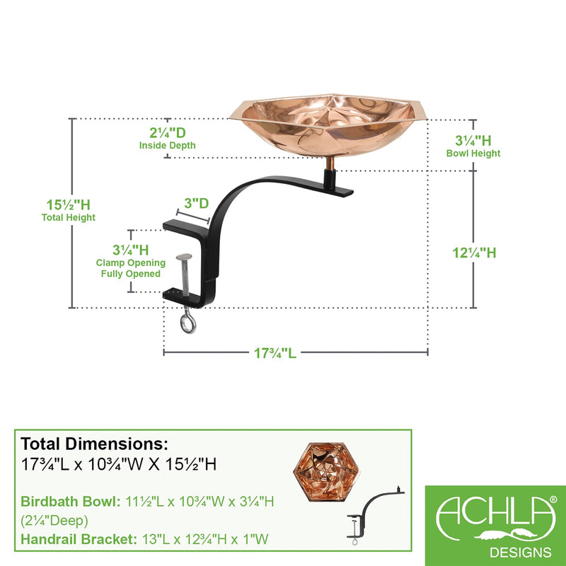 ACHLA Bee Fountain & Birdbath with Rail Mount Bracket | Copper Plated Stainless Steel and Black Wrought Iron | Deck, Balcony & Patio | Model BB-07-RM