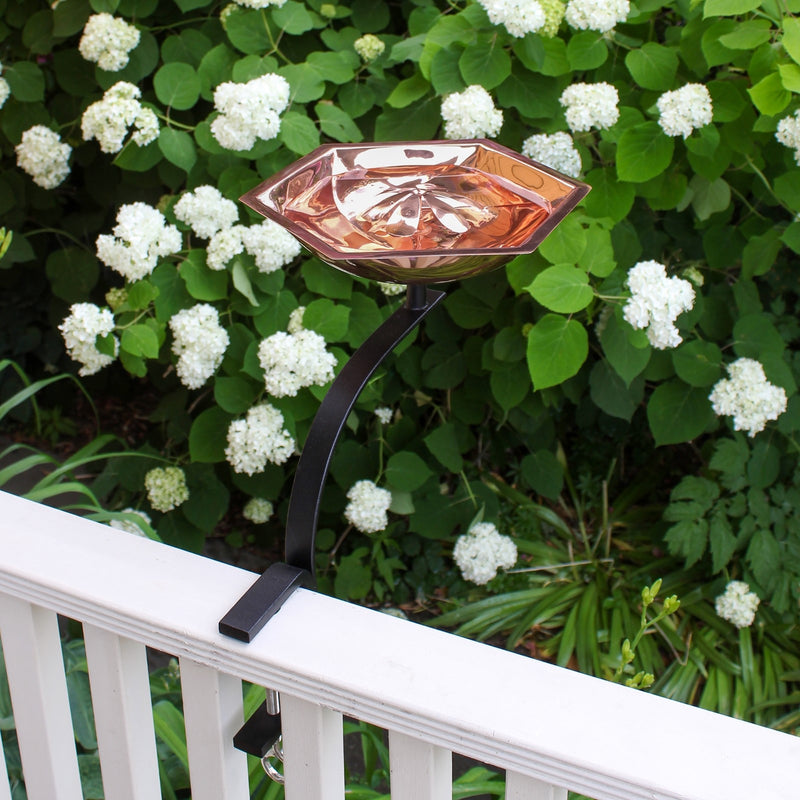 ACHLA Bee Fountain & Birdbath with Rail Mount Bracket | Copper Plated Stainless Steel and Black Wrought Iron | Deck, Balcony & Patio | Model BB-07-RM