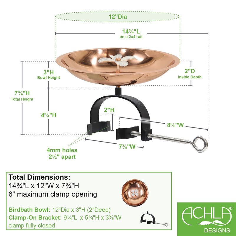 ACHLA Dogwood Birdbath Over Rail Bracket | Copper Plated Patina Stainless Steel and Wrought Iron | Deck & Balcony Pollinator Waterer | Model BB-08-OR2