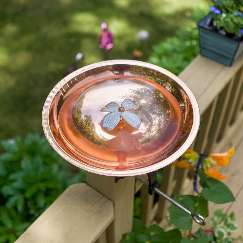 ACHLA Dogwood Birdbath Over Rail Bracket | Copper Plated Patina Stainless Steel and Wrought Iron | Deck & Balcony Pollinator Waterer | Model BB-08-OR2