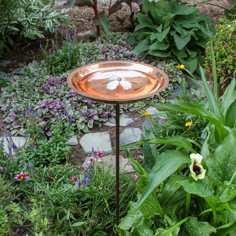 ACHLA Dogwood Birdbath with Stake | Copper Plated Stainless Steel and Wrought Iron | Garden & Patio Water Feature | 12 x 12 x 40 in | Model BB-08-S
