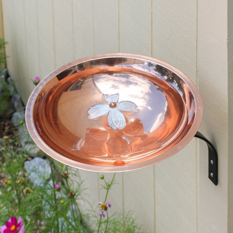 ACHLA Dogwood Birdbath with Wall Mount Bracket | Copper Plated Stainless Steel and Wrought Iron | Patio & Garden Pollinator Water | Model BB-08-WM