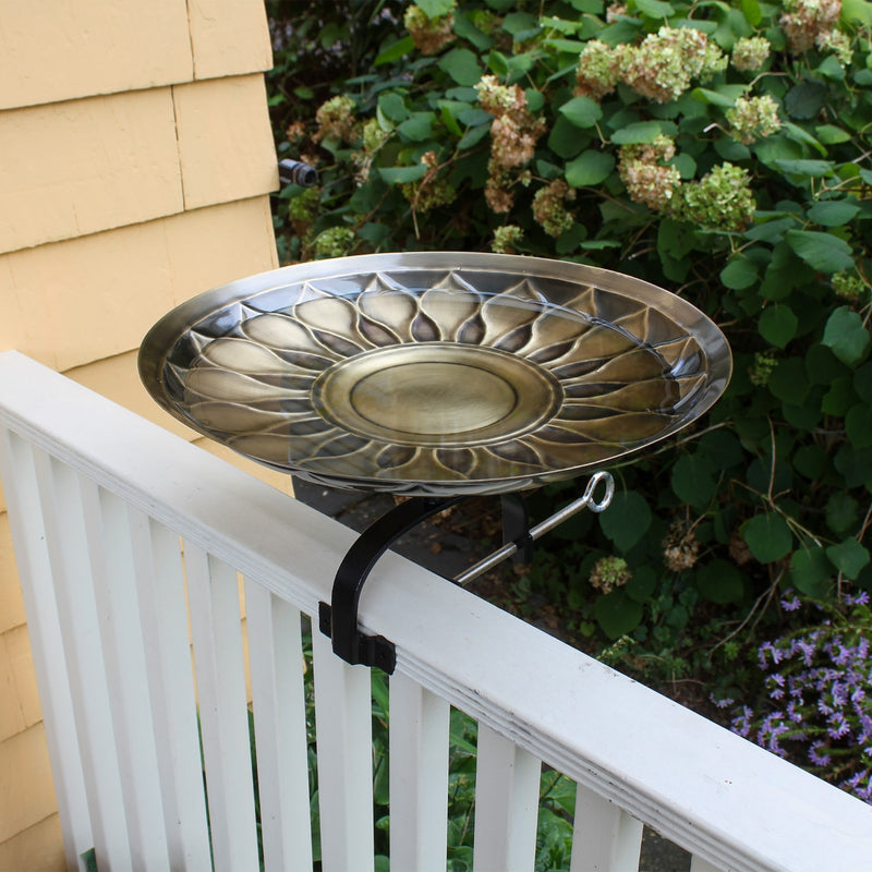 ACHLA African Daisy Birdbath Over Rail Bracket | Antique Brass & Wrought Iron | Deck & Balcony Bird Watching | 16.75 x 16 x 9 in | Model BB-09-OR2