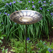 ACHLA African Daisy Birdbath with Stake | Antique Brass & Patina Brass Bowl on Wrought Iron | Garden & Patio Water Feature | Model BB-09-S