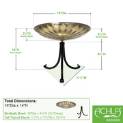 ACHLA African Daisy Birdbath Tripod Stand | Antique Patina Brass Bowl & Black Wrought Iron Base | Garden & Patio Accent | Model BB-09-TR2