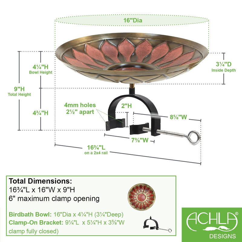 ACHLA Red African Daisy Birdbath Over Rail Bracket | Antique Brass and Wrought Iron | Deck, Porch & Balcony Bird Bath | Model BB-09R-OR2