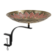 ACHLA African Daisy Birdbath 16in Bowl | Red Patina Brass and Black Wrought Iron | Deck & Balcony Rail Mount | 20 x 16 x 14 in | Model BB-09R-RM