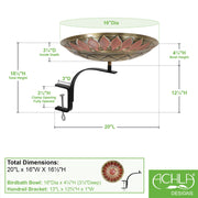 ACHLA African Daisy Birdbath 16in Bowl | Red Patina Brass and Black Wrought Iron | Deck & Balcony Rail Mount | 20 x 16 x 14 in | Model BB-09R-RM