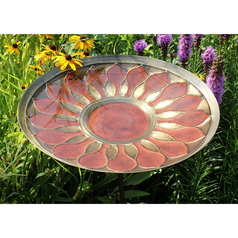 ACHLA African Daisy Birdbath 16in | Red Patina Brass Bowl on Wrought Iron Stake | Garden & Yard Decor | 16 x 16 x 40 in | Model BB-09R-S