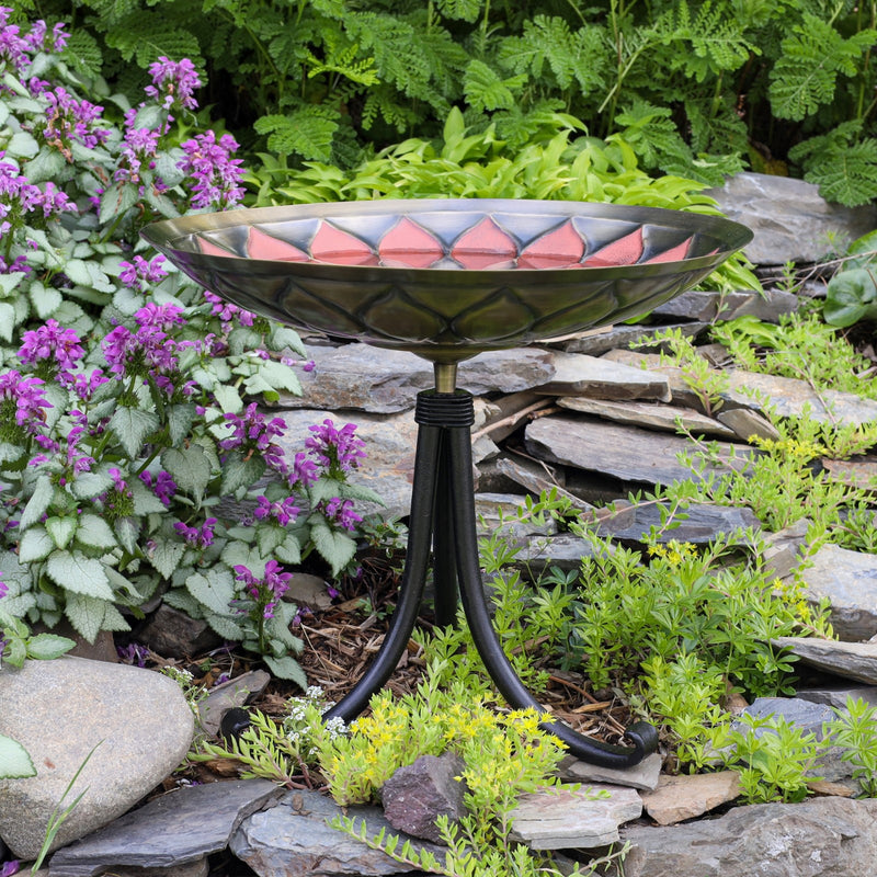 ACHLA Red African Daisy Birdbath Tripod Stand | Antique Brass and Red Patina with Wrought Iron | Garden & Patio Accent | Model BB-09R-TR2