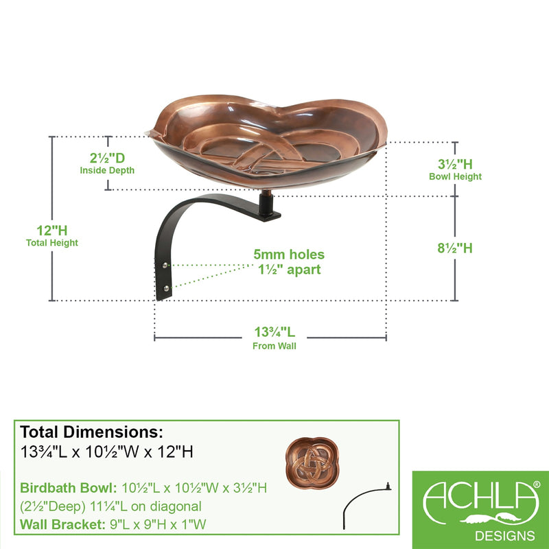 ACHLA Dara Knot Birdbath with Wall Bracket | Antique Copper Brass and Black Wrought Iron | Garden & Patio Bird Bath | 10 x 14 x 12 in | Model BB-11-WM