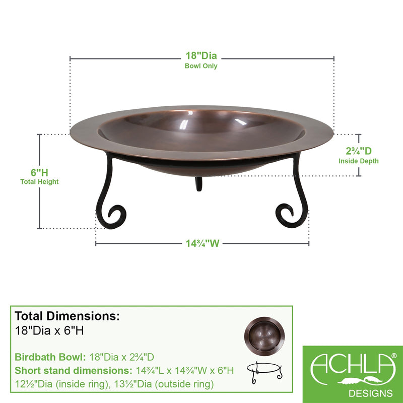 ACHLA 18in Classic Copper Birdbath | Antique Copper Brass Bowl on Black Wrought Iron Stand | Garden & Patio Bird Bath | Model BB-12-S2