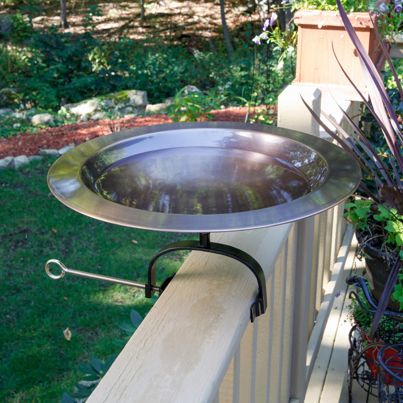 ACHLA 18in Classic Copper Birdbath | Antique Copper Brass Bowl with Black Wrought Iron Over-Rail Bracket | Garden & Patio Accent | Model BB-12T-OR2