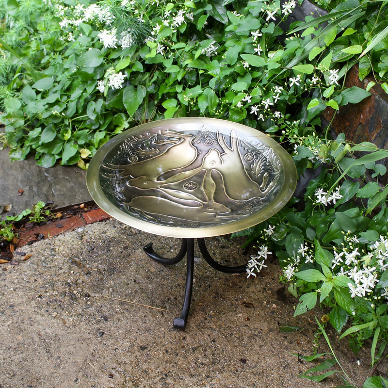 ACHLA Three Hares 18in Birdbath with Tripod Stand | Antique Brass Bowl and Black Wrought Iron Base | Garden & Patio Accent | Model BB-18-TR2