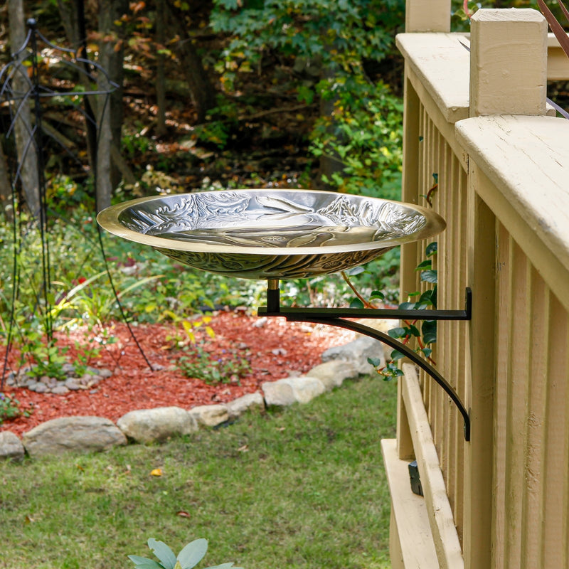 ACHLA Three Hares 18in Birdbath with Wall Mount Bracket | Antique Brass and Black Wrought Iron | Garden Patio & Deck Accent | Model BB-18-WM2