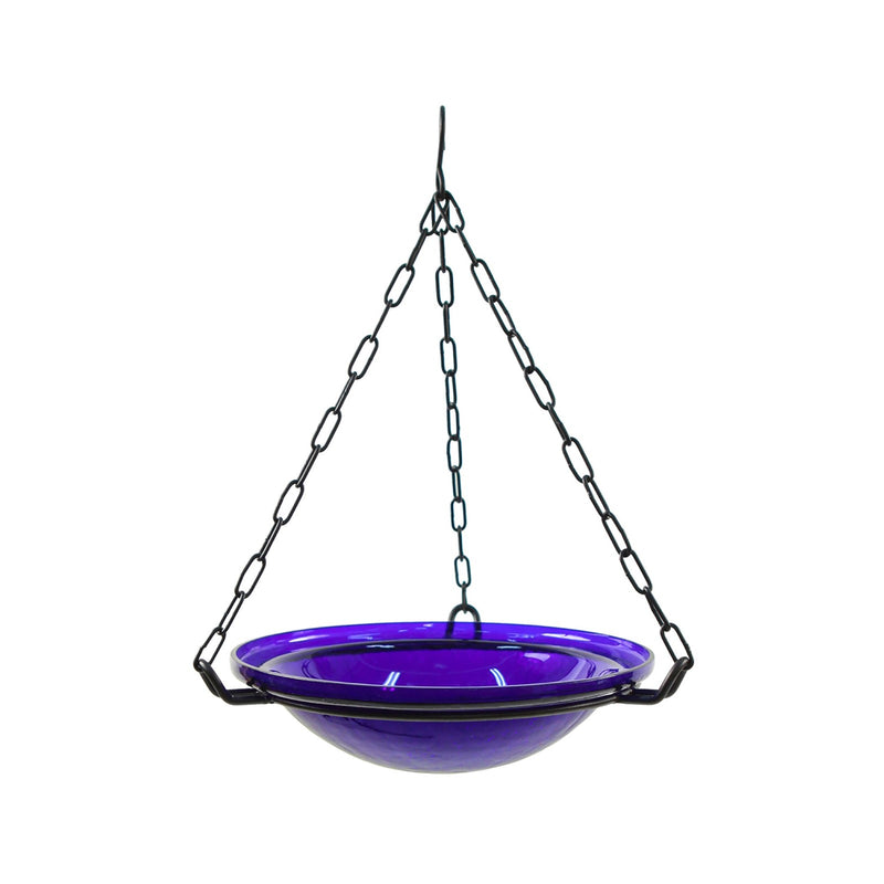 ACHLA Cobalt Blue Hanging Birdbath | Crackled Glass Bowl with Black Wrought Iron Chain | Outdoor Yard & Garden Decor | 12.5in | Model BBH-02CB