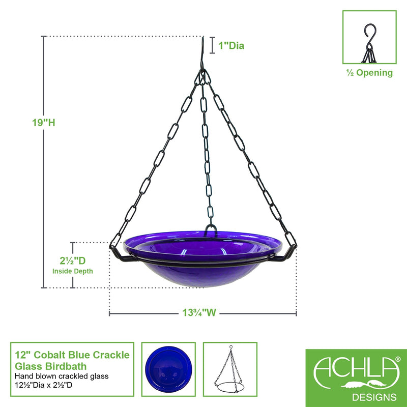 ACHLA Cobalt Blue Hanging Birdbath | Crackled Glass Bowl with Black Wrought Iron Chain | Outdoor Yard & Garden Decor | 12.5in | Model BBH-02CB