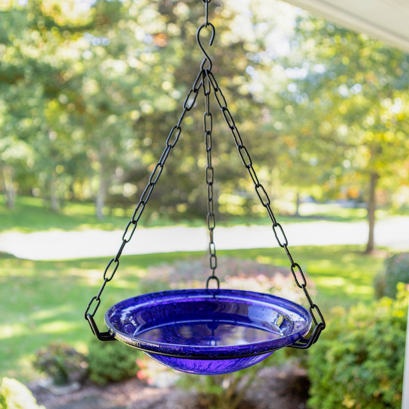 ACHLA Cobalt Blue Hanging Birdbath | Crackled Glass Bowl with Black Wrought Iron Chain | Outdoor Yard & Garden Decor | 12.5in | Model BBH-02CB