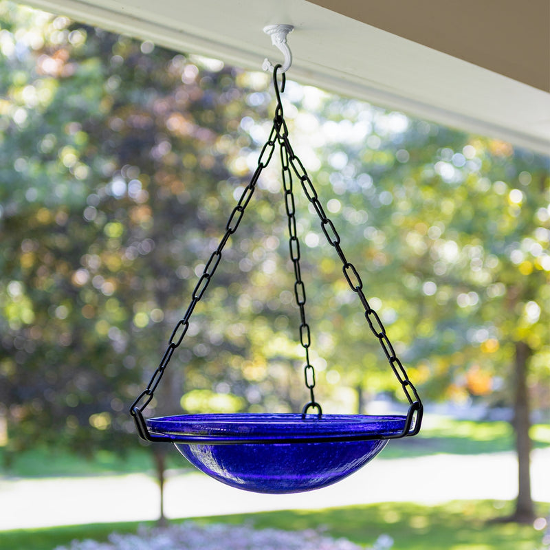 ACHLA Cobalt Blue Hanging Birdbath | Crackled Glass Bowl with Black Wrought Iron Chain | Outdoor Yard & Garden Decor | 12.5in | Model BBH-02CB