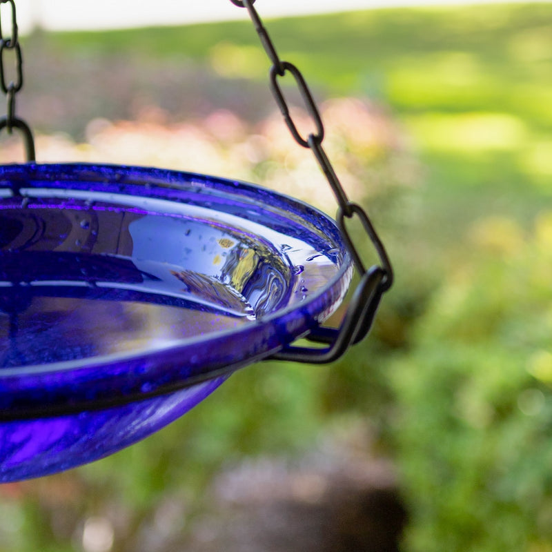 ACHLA Cobalt Blue Hanging Birdbath | Crackled Glass Bowl with Black Wrought Iron Chain | Outdoor Yard & Garden Decor | 12.5in | Model BBH-02CB