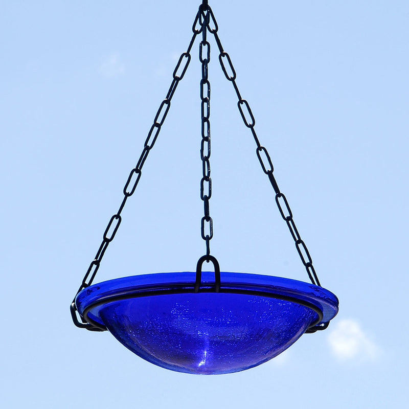ACHLA Cobalt Blue Hanging Birdbath | Crackled Glass Bowl with Black Wrought Iron Chain | Outdoor Yard & Garden Decor | 12.5in | Model BBH-02CB