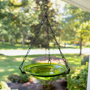 ACHLA Fern Green Hanging Birdbath | Crackled Glass Bowl with Black Wrought Iron Chain | Garden & Patio Bird Bath | Model BBH-02FG