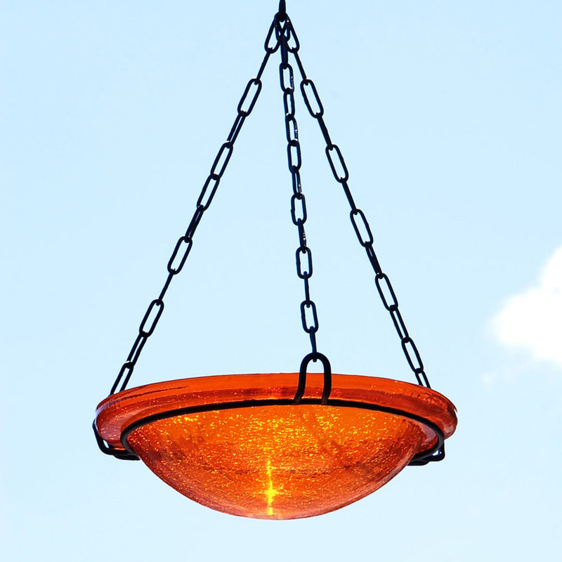 ACHLA Mandarin Hanging Birdbath | Crackled Glass Bowl on Black Wrought Iron Chain | Outdoor Yard & Garden Decor | 12.5 in Dia x 3 in | Model BBH-02M