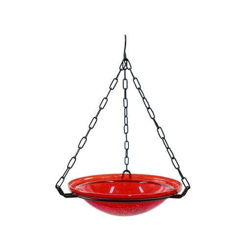 ACHLA Red Crackle Hanging Birdbath | Crackled Glass Bowl with Black Wrought Iron Chain | Garden & Patio Bird Bath | Model BBH-02R