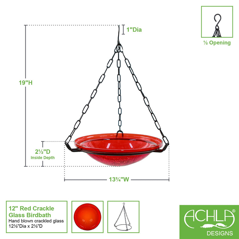 ACHLA Red Crackle Hanging Birdbath | Crackled Glass Bowl with Black Wrought Iron Chain | Garden & Patio Bird Bath | Model BBH-02R