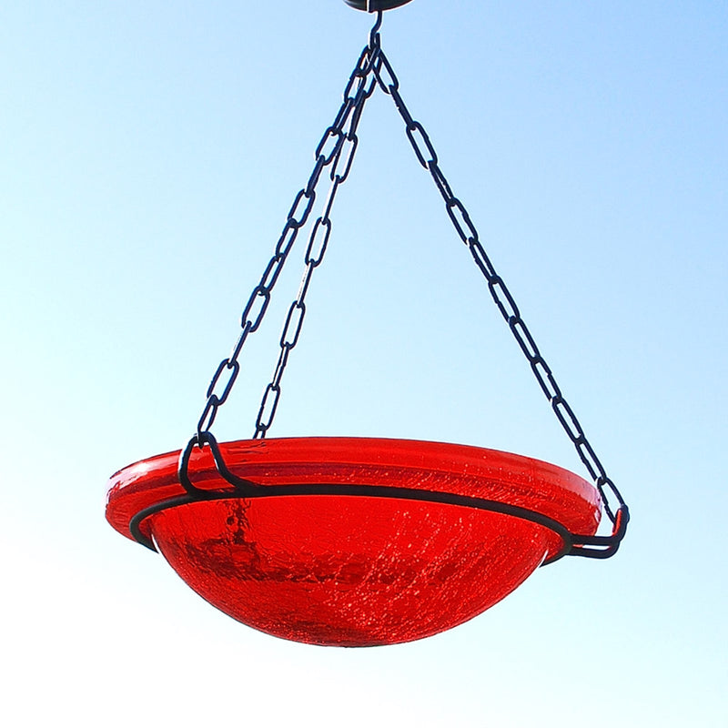 ACHLA Red Crackle Hanging Birdbath | Crackled Glass Bowl with Black Wrought Iron Chain | Garden & Patio Bird Bath | Model BBH-02R