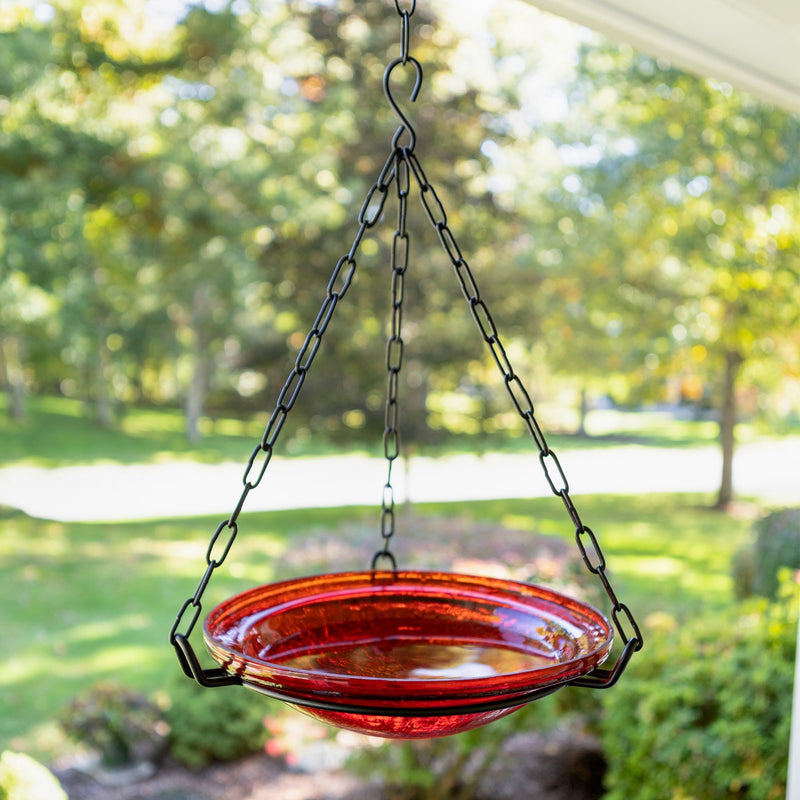 ACHLA Red Crackle Hanging Birdbath | Crackled Glass Bowl with Black Wrought Iron Chain | Garden & Patio Bird Bath | Model BBH-02R