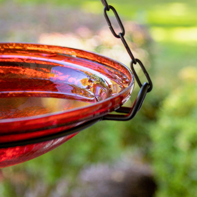 ACHLA Red Crackle Hanging Birdbath | Crackled Glass Bowl with Black Wrought Iron Chain | Garden & Patio Bird Bath | Model BBH-02R