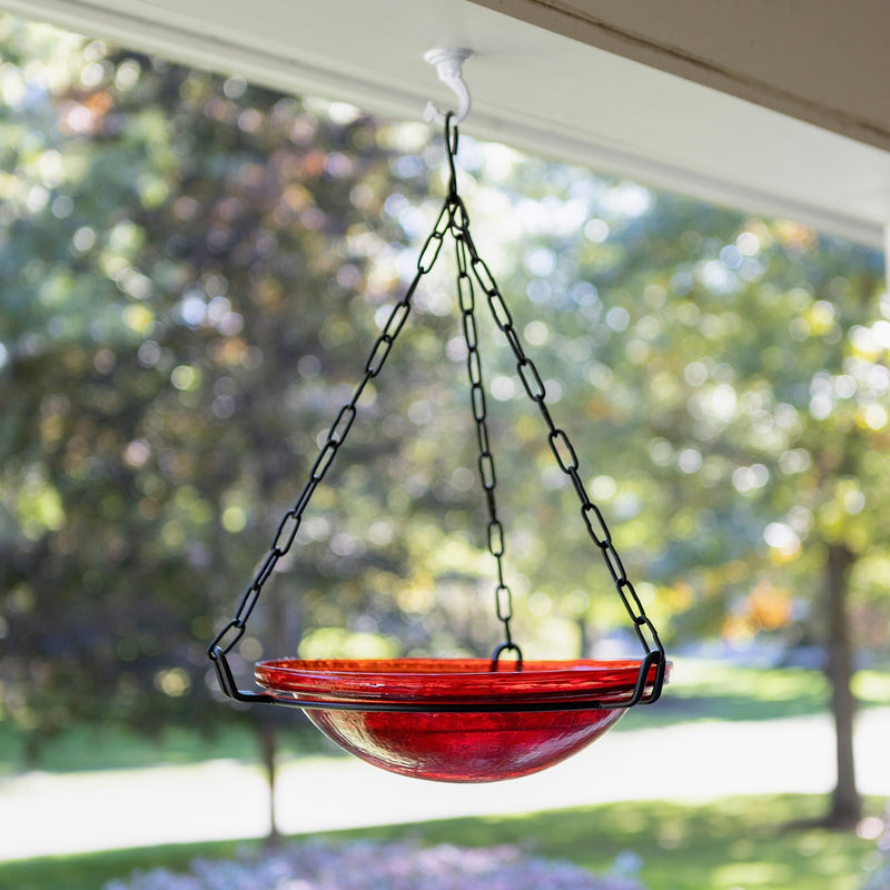ACHLA Red Crackle Hanging Birdbath | Crackled Glass Bowl with Black Wrought Iron Chain | Garden & Patio Bird Bath | Model BBH-02R