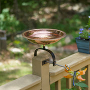 ACHLA Hammered Copper Birdbath Over Rail Bracket | Classic Garden Accent with Polished Copper Plated Brass Bowl and Black Wrought | Model BBHC-01T-OR2
