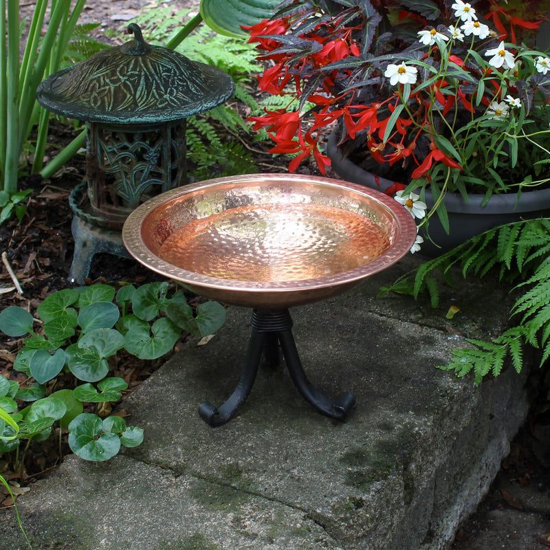 ACHLA Hammered Birdbath with Tripod Stand | Polished Copper Plated Brass and Black Wrought Iron | Garden & Patio Bird Bath | Model BBHC-01T-TR