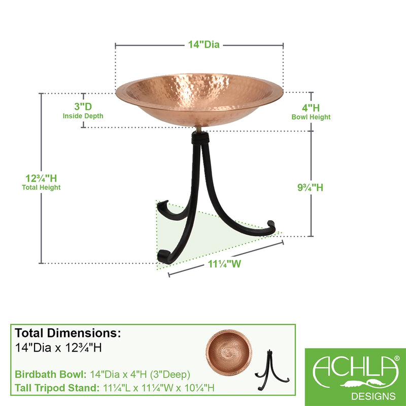 ACHLA Hammered Solid Copper Birdbath Tripod Stand | Satin Copper and Black Wrought Iron | Garden & Patio Bird Bath | Model BBHC-03T-TR2