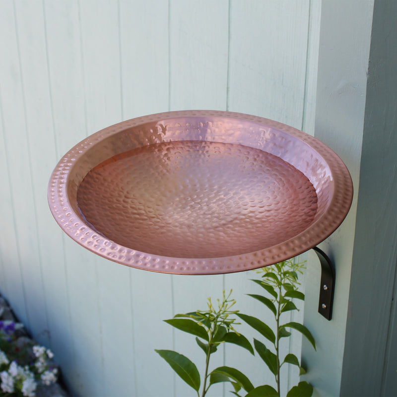 ACHLA Hammered Solid Copper Birdbath Wall Mount | Satin Copper Brass Bowl with Black Wrought Iron Bracket | Balcony & Deck Garden | Model BBHC-03T-WM