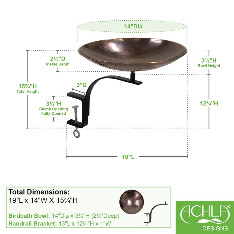 ACHLA Burnt Birdbath with Rail Mount Bracket | Hammered Copper Bowl on Black Wrought Iron | Deck, Porch & Balcony Birdbath | Model BCB-01-RM